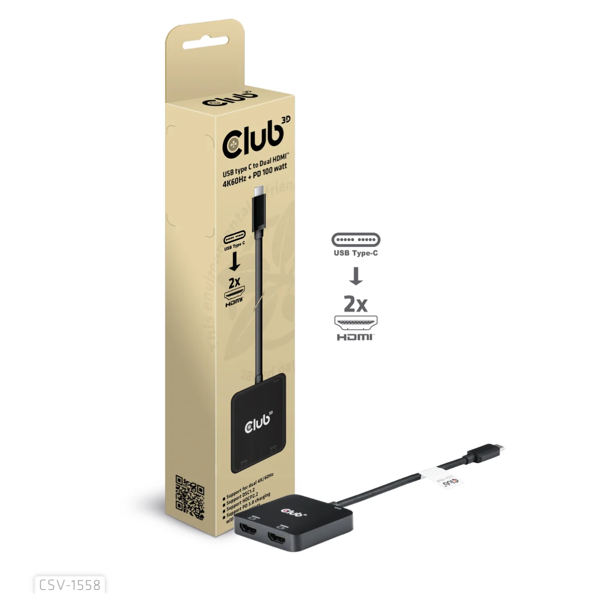Club3D CSV-1558 Adapter USB-C til 2x HDMI Sort