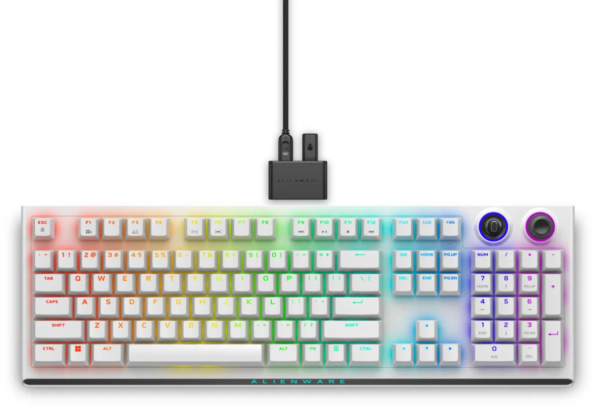 Alienware Tri-Mode AW920K Tastatur Mekanisk AlienFX per-nøgle RGB/16,8 millioner farver Trådløs Kablet Amk. engelsk