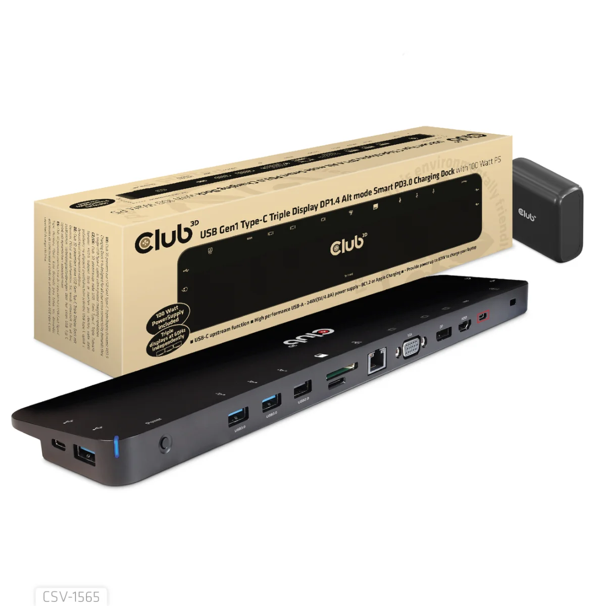 Club 3D CSV-1565 USB-C Dockingstation 100W Sort